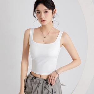 Women's Retro Short-Knit Tank <b>Top</b> Square Neck <b>with</b> <b>Built</b>-<b>In</b> <b>Bra</b> Padded Modal Summer Sun-protective Beauty Vest - Product Image 5
