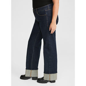 Pantalones de mezclilla con agujeros rectos informales de cintura alta para mujer, pantalones vaqueros holgados transpirables de verano de talla grande, lavado oscuro con opción - Product Image 3