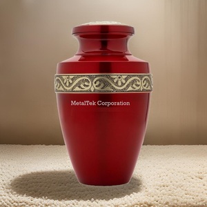Urne de crémation en métal grec rouge personnalisé Floral gravé Band Pots de cendres commémoratives Prix de gros Enterrement décoratif - Product Image 1