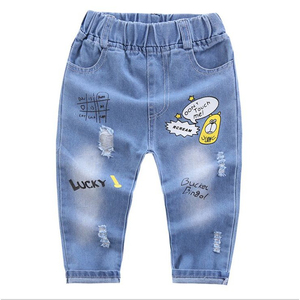 Pantalon en jean délavé pour enfants, style décontracté, coton, délavé, hip-hop, streetwear, style urbain, bouton, rivet - Product Image 2