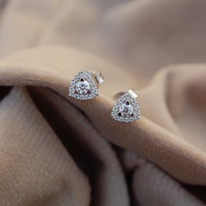925 <b>Sterling</b> <b>Silver</b> Moissanite <b>Stud</b> Trillion Shape Tiny <b>Earrings</b> for Girls Round Cut Handmade Halo Jewelry Minimalist <b>Studs</b> - Product Image 2