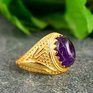 Anillo de latón con piedras preciosas de amatista en 925 esterlina Chapado en plata maciza y chapado en oro hermoso anillo de piedra de cabujón - Product Image 4