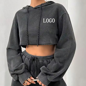 Haute qualité nouveauté coton fait femmes haut court à capuche 100% coton à manches longues vêtements décontractés mode culture sweats à capuche - Product Image 3