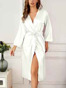 Robes en satin pour femmes, col en V, grande taille, fermeture à cordon, chemise de nuit imprimée, douce et respirante, vêtements de maison pour la saison estivale - Product Image 3