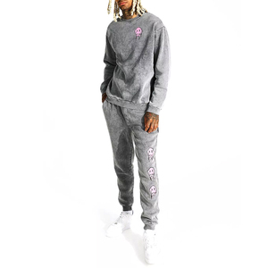 Survêtement unisexe 100% coton à pattes évasées, broderie de strass, technique de lavage délavé, sweat-shirt pour homme, motif uni, saison hivernale - Product Image 1