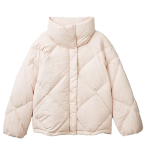 Chaqueta acolchada de cuello alto para mujer, chaqueta de invierno con forro de nailon acolchado con relleno de algodón rosa suave reciclado genuino para exteriores - Product Image 2
