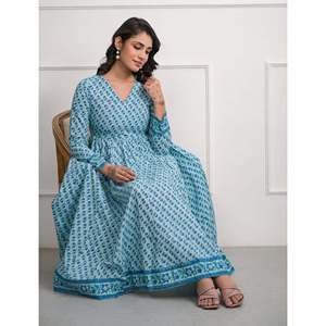 Vestido de Algodón Angrakha con Estampado Azul, Informal, para Fiestas, Transpirable, Cintura Imperio, Tallas XS a 5XL - Product Image 3
