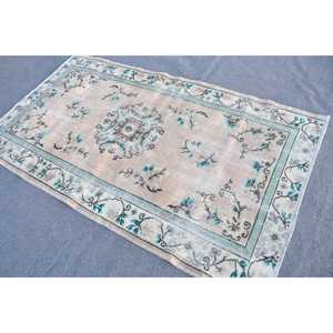 Alfombra Vintage de Lana con Diseño a Cuadros Azul Turco, 3.8x6.7 pies - Product Image 1