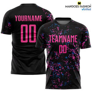 Maillot de football personnalisé noir, rose et bleu clair, respirant, à manches courtes, avec nom et numéros imprimés par sublimation - Product Image 3
