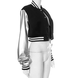 Veste Bomber Varsity pour femmes automne hiver avec manches longues toile lettre impression bouton Patchwork manteau de culture en cuir PU - Product Image 4