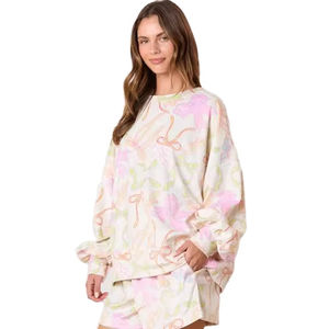 Conjunto de dos piezas informal de otoño para mujer, camisetas de manga larga de poliéster tejido, pantalones cortos holgados con lazo, transpirables, ecológicos - Product Image 5