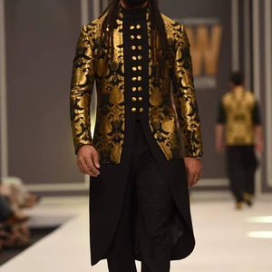 2024 New Designer Indo-Western Brocade Jacket with Plain Sherwani & <b>Pant</b> Beautiful Silk Wedding Suit Parties Weddings Plus Size - Product Image 1