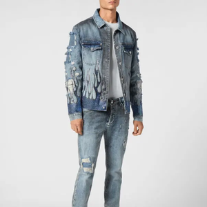 Chaqueta vaquera Raw Edge Hem Big Ripped Distressing Design Chaqueta vaquera para hombres - Product Image 5