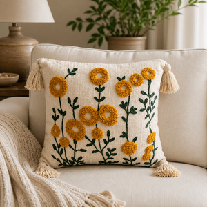 Handmade Cotton Floral Embroidered Throw <b>Pillow</b> with Insert Yellow <b>Flower</b> Meadow Cushion with Tassels for Living Room - Product Image 4