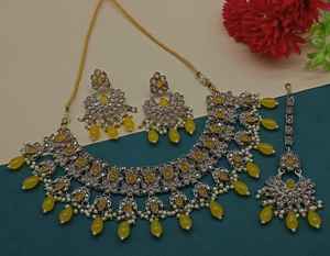 Nuevo diseño chapado en oro tradicional gota perla y Kundan tachonado pendiente Mangtika gargantilla collar conjunto y conjunto de joyería para mujer - Product Image 4