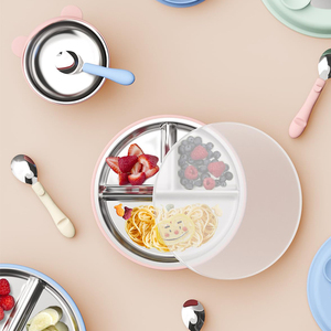 Yiyabb Nouvelle Assiette à <span class=keywords><strong>Dîner</strong></span> en Silicone et Acier Inoxydable 304, Motif Animal, Sans BPA, Écologique, Vaisselle pour Bébé avec Couvercle et Ventouse - Product Image 5