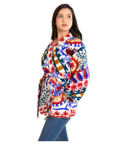 Chaqueta de mano de algodón con cinturón, chaqueta acolchada de algodón bordada a mano, abrigo corto informal de Invierno para mujer acolchado hecho a mano - Product Image 4