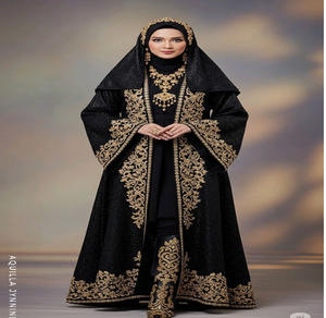 Shimmering <b>lilac</b> satin abaya with exquisite gold lace and beadwork. Available at wholesale prices. - Product Image 3