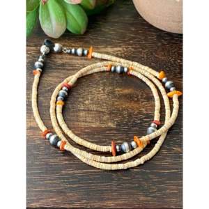 Navajo Handmade Multi-Stone and Sterling <b>Silver</b> Eyeglass Chain with Coral Stone As Main Attraction - Product Image 1
