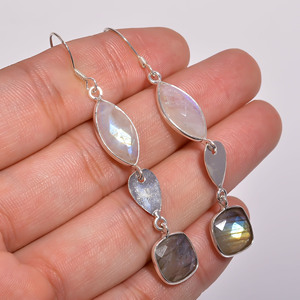 Pendientes colgantes de piedras preciosas mixtas elegantes de Plata de Ley 925, joyería fina colgante clásica - Product Image 3