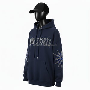 Luxury 350 GSM Heavy Cotton <b>Fleece</b> <b>Women</b> Hoodie <b>Navy</b> Blue Rhinestone Design Custom Logo Streetwear <b>women's</b> basics Hoodie - Product Image 4