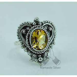 Handmade 925 Sterling <b>Silver</b> Women's <b>Statement</b> <b>Ring</b> Natural Citrine Yellow Gemstone Heart Shape Elegant Oval Design Gift - Product Image 2