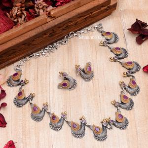 Collier de paon en argent oxydé traditionnel indien, poli antique, bicolore, magnifique, cadeaux de fête, bijoux - Product Image 2