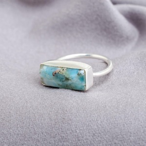 Natural Larimar Gemstone Bar <b>Ring</b> Handmade 92.5 Silver Christian Nautical Stackable <b>Ring</b> for Your Style - Product Image 1