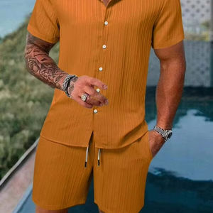 Surdimensionné hommes mode été col en V hommes vêtements d'été ensembles décontractés tenues solide hawaïen à manches courtes t-shirt et shorts - Product Image 5