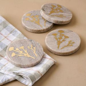 Wholesale Luxury Marble Coasters Set Brass Leaf Inlay Stone Drink Coasters Decorative Dining <b>Bar</b> Accessories - Product Image 1