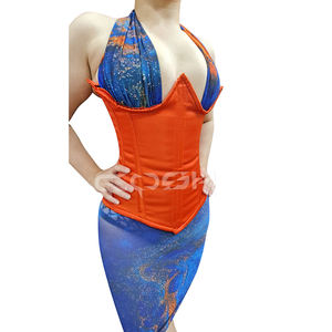 Sexy Fashion Wear Halter Neck Marble Print Orange Satin Waist Shaping Corset with Printed Mini Skirt Set - Product Image 4