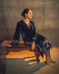 Nuevo diseñador de ropa de fiesta de boda de alta calidad de terciopelo puro totalmente hilo bordado trabajo superior y Palazzo con Georgette Dupatta - Product Image 3