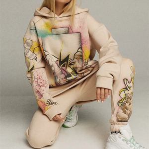 Combinaison de jogging décontractée avec logo imprimé personnalisé mode OEM, sweat à capuche court et survêtement de salon pour femmes, ensemble pantalon de survêtement de jogging - Product Image 4