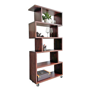 KS68200 Bibliothèque à 5 niveaux en bois d'acacia 80x30x160cm avec roulettes, design moderne et minimaliste portable pour la maison, le bureau ou l'hôtel - Product Image 2
