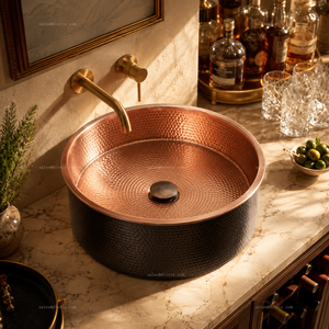 DIVRIS Lavabo de Cobre Forjado Artesanal, Redondo, de un Solo Tazón, para Instalar Sobre Encimera, Estilo Rústico, Acabado Mate, Grifo de 16 Pulgadas - Product Image 4