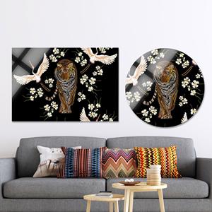 Lienzo Impreso: Tigre Japonés y Grullas - Decoración Floral Asiática, Vidrio Circular - Product Image 1
