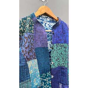 Veste matelassée patchwork à col mandarin, manches longues, boutonnée, en coton, pour femme, automne, motif bleu-vert, longueur standard - Product Image 2