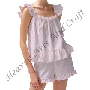 Conjunto de pijama corto de algodón puro para mujer, conjunto de pijama con estampado orgánico de lujo para Primavera/Verano, conjunto de PJ con mangas ajustadas con volantes y tiras - Product Image 6