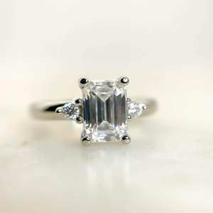 6x8mm Emerald Cut Diamond Engagement Ring | Side <b>Stones</b> | 18K Gold Plated Sterling Silver Minimalist Women's Bridal Wedding Fine - Product Image 1