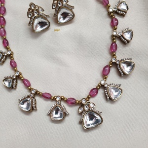 Delicate <b>Pink</b> Stone Kundan Polki <b>Necklace</b> Fashion Jewelry Set - Product Image 1