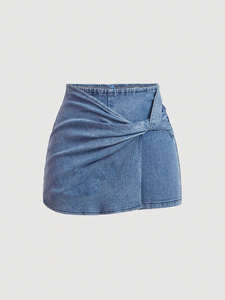 Vintage Blue High Waist Denim Skirt Women Autumn Winter Casual Irregular Design Fashion Hip Cover <b>Belt</b> Distressed Button Factory - Product Image 4