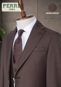 Costume d'affaires homme en laine marron, croisé, col mandarin, trois pièces, infroissable, braguette boutonnée, coupe classique - Product Image 2