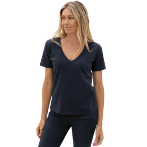 Women <b>Navy</b> Blue Deep V Neck T Shirt 100% Luxury Organic Cotton Pre Shrunk GOTS Certified Premium Soft Breathable Classic Fit Tee - Product Image 4