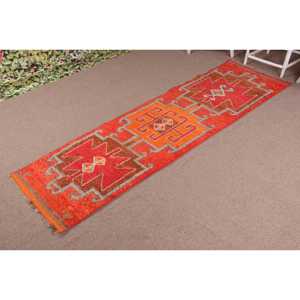 2.4x9.1 ft Turkish Herki Rug, <b>Red</b> Southwestern Vintage <b>Wool</b> Rug - Product Image 2