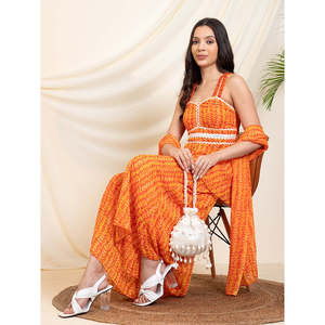 Conjunto Coordinado Indo-Occidental para Mujer, Estampado Naranja, Dos Piezas de Chifón, Talla XS/XS, Estilo Blazer Formal - Product Image 1
