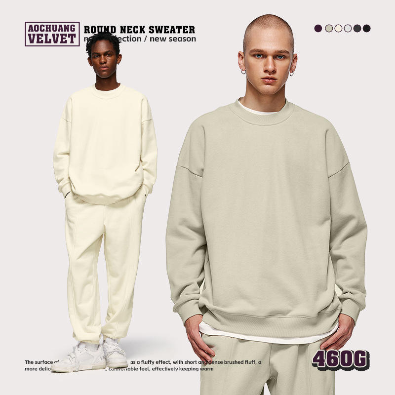 Custom 100% Cotton Heavy Weight 460G Oversized Blank High Quality Crewneck  Sweatshirt Wholesale Unisex Velour Fleece Fabric
