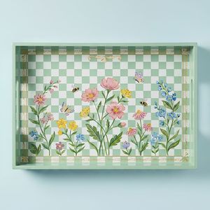 Bandeja rectangular de madera para almacenamiento, diseño moderno con patrón a cuadros verde y blanco para organizar la mesa - Product Image 2