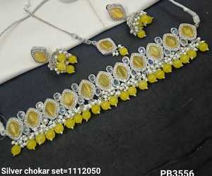 <b>Silver</b> Plated Beautiful Stunning CubicZircon <b>Crystal</b> Dangle Drop Choker Wedding <b>Necklace</b> Jewelry With Earring Mangtika for Women - Product Image 6