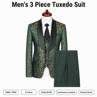 Costume de smoking homme de luxe coupe ajustée vert et or jacquard satiné à revers châle, 3 pièces (veste, gilet, pantalon) – Costume de mariage formel sur mesure