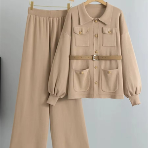 ชุดเสื้อถัก2ชิ้นแบบกระดุมแถวเดียวสำหรับผู้หญิงชุดเสื้อสเวตเตอร์แบบถักพร้อมเข็มขัดกางเกงขากว้าง - Product Image 2